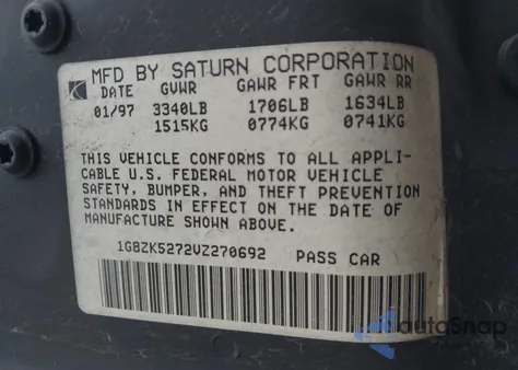 1997 Saturn Sl Sl2 from USA, damaged, VIN 1G8ZK5272VZ270692
